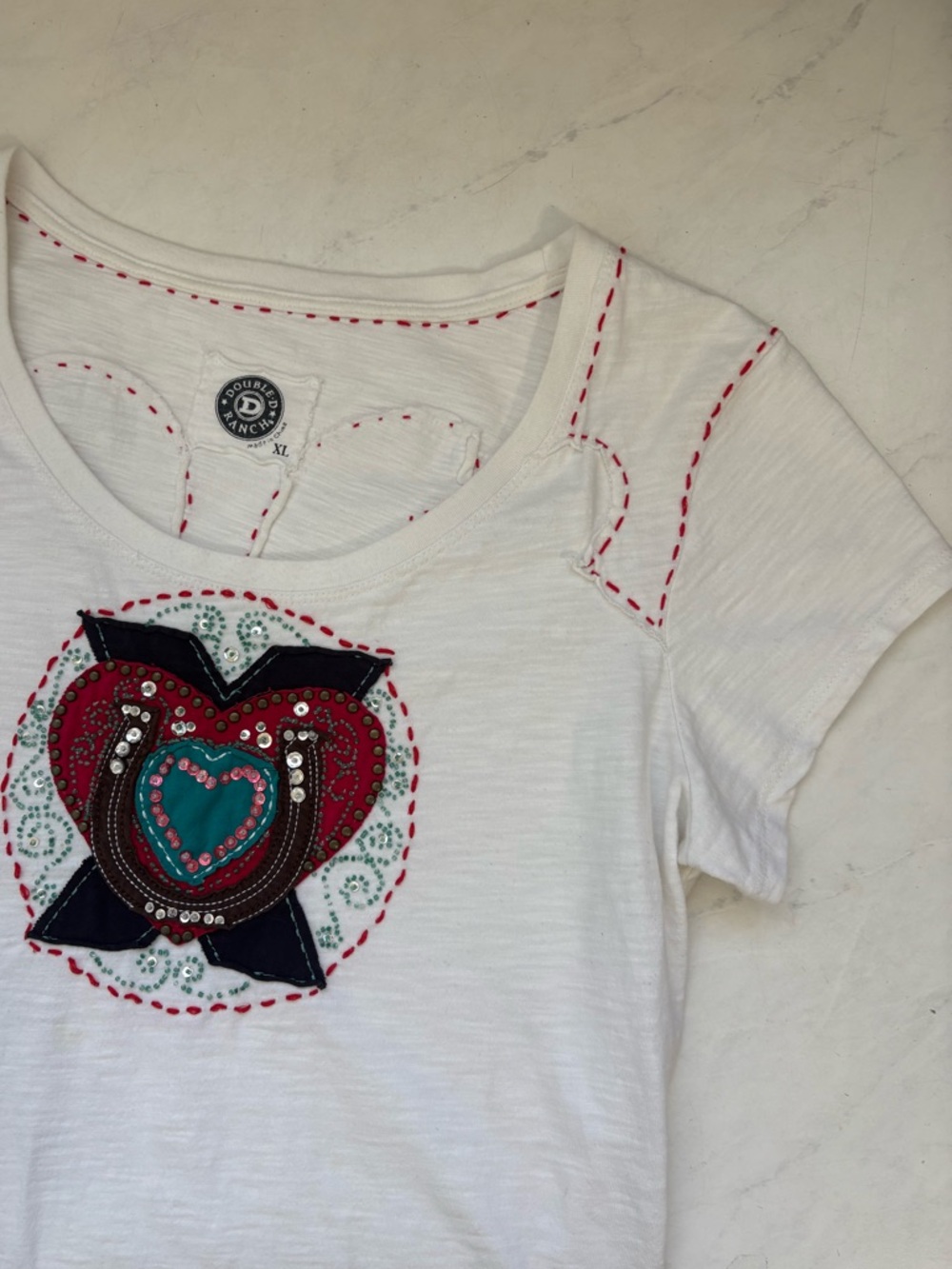 Double D Ranch Size XL White Multicolor Embroidered Beaded Tee Shirt Western - Picture 3 of 7
